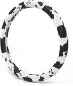 Dotesy Leather Cow Pattern Steering Wheel Cover Protector Cow Print Car Accessories Anti Slip Universal for 36.5-38cm (Black 