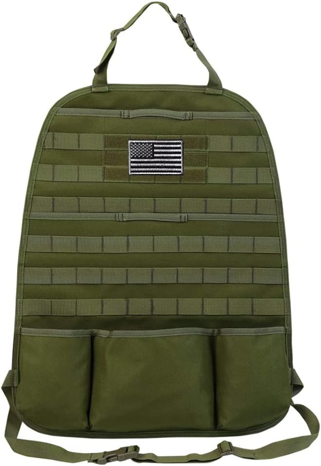 Car Seat Back Organizer - Upgraded Tactical Molle Vehicle Panel Universal Fit SUV Car Seat Cover Protector with Extra USA Flag Patch (Army Green)