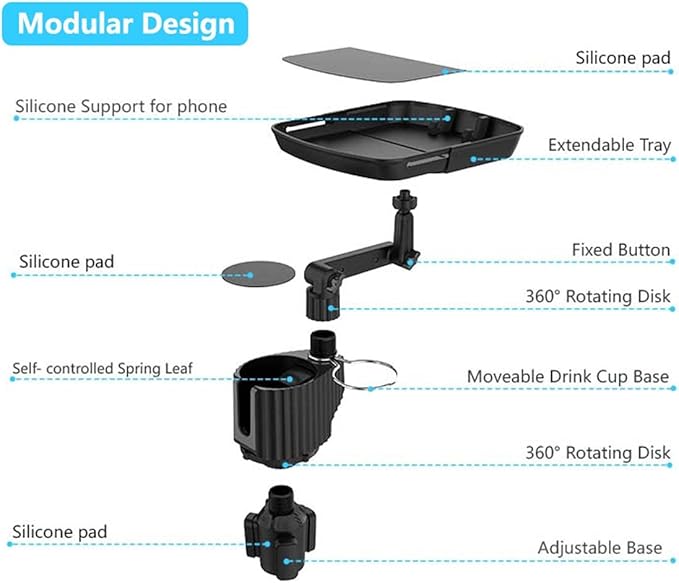 4-in-1 Car Cup Holder Expander Tray,Detachable Car Food Tray Retractable with Dual Cup Holder, Phone Holder, 360°Rotation Adjustable Base, Road Trip Essentials Car Accessories (A01)