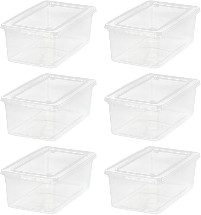 IRIS USA 6-Pack Storage Bins with Lids, 6 Quart - Crystal Clear, Shoe Boxes Stackable Containers Organize Shoes Closet Shelve