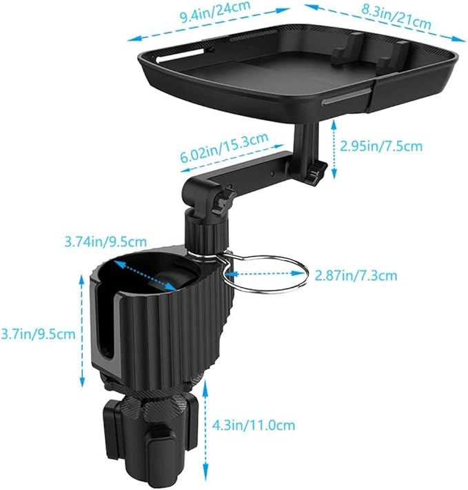 4-in-1 Car Cup Holder Expander Tray,Detachable Car Food Tray Retractable with Dual Cup Holder, Phone Holder, 360°Rotation Adjustable Base, Road Trip Essentials Car Accessories (A01)