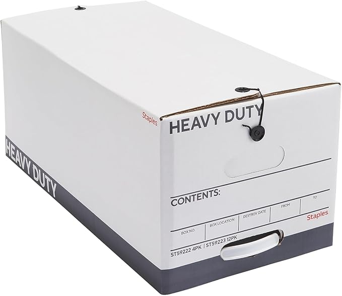 STAPLES Storage & Filing Box, Heavy-Duty with Handles & String-Button Lid, Letter Size Documents, Stackable, 4-Pack, White/Gr