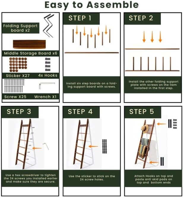 White Decorative Wooden Blanket Ladder for The Living Room and Bedroom, 5.2ft, Pine Wood Quilt Ladder, 5-Tier Wall Leaning Bl
