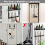 Broom Holder Over The Door Over Door Broom and Mop Rack Over The Door Hooks Organizer With4 Slots & 3 Hooks 1 Storage Basket 