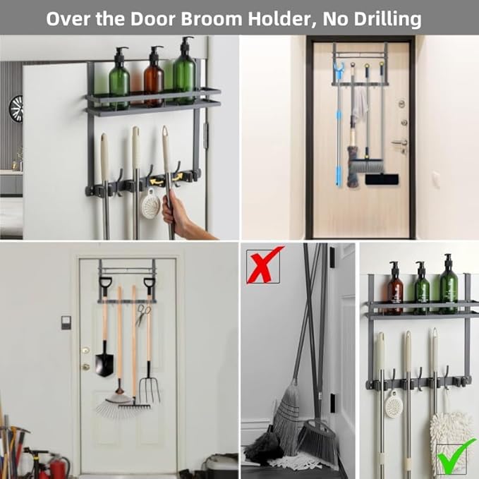Broom Holder Over The Door Over Door Broom and Mop Rack Over The Door Hooks Organizer With4 Slots & 3 Hooks 1 Storage Basket 