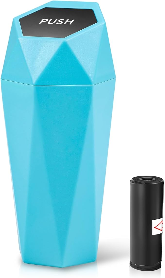 Auto Dynasty Car Trash Can with Lid, Blue Car Garbage Can Cup Holder for Interior, 1 Pack Mini Leakproof Garbage Can with 15Pcs Trash Bags, Multipurpose Storage Organizer for Vehicle Home Office