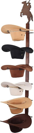 Cowboy Hat Rack Holder for Wall - Wild Western Style Design Hat Organizer with 6 Hat Hooks for Wall Mount, Hat Stand and Hang