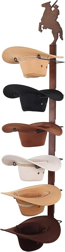 Cowboy Hat Rack Holder for Wall - Wild Western Style Design Hat Organizer with 6 Hat Hooks for Wall Mount, Hat Stand and Hang