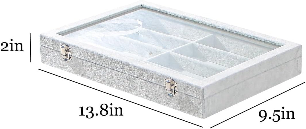 Coward Sunglass Organizer Tray Box, Grey Beige Velvet Eyeglasses Display Tray Case with Transparent Glass Lid for Home Use or
