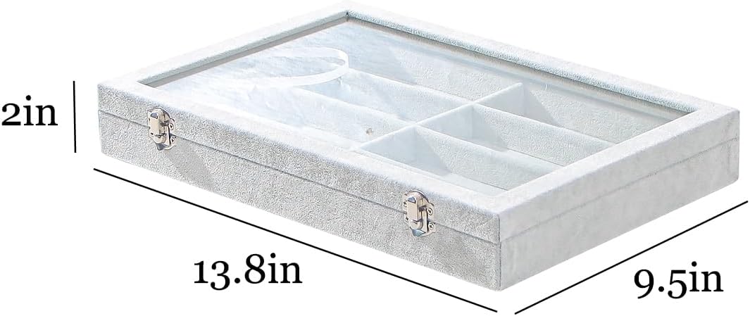 Coward Sunglass Organizer Tray Box, Grey Beige Velvet Eyeglasses Display Tray Case with Transparent Glass Lid for Home Use or