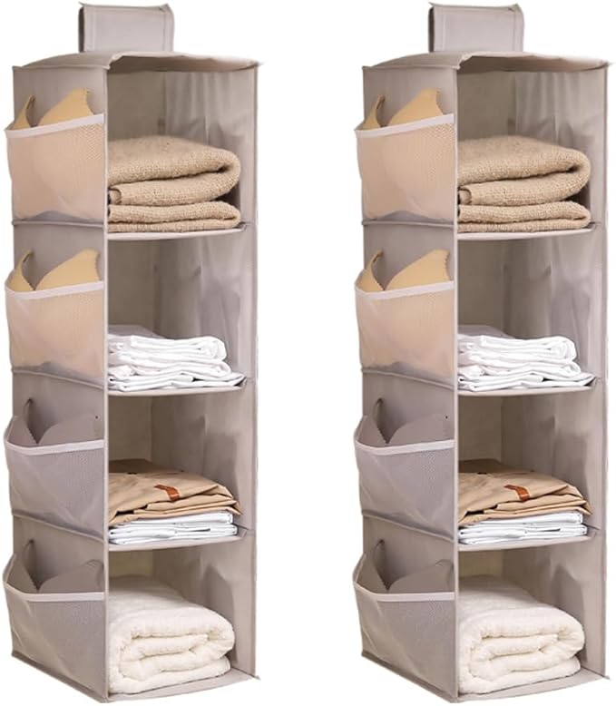Hanging Closet Organizer, 4-Section Storage Shelves, Oxford Cloth with Mesh Pockets, (Gray, 4 Section)