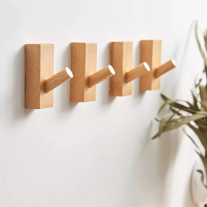 HomeDo 4Pack Adhesive Wall Hooks Hat Rack, Wooden Coat Hooks Wall Mounted, Decorative Hooks Single Organizer Hat Hanger Towel