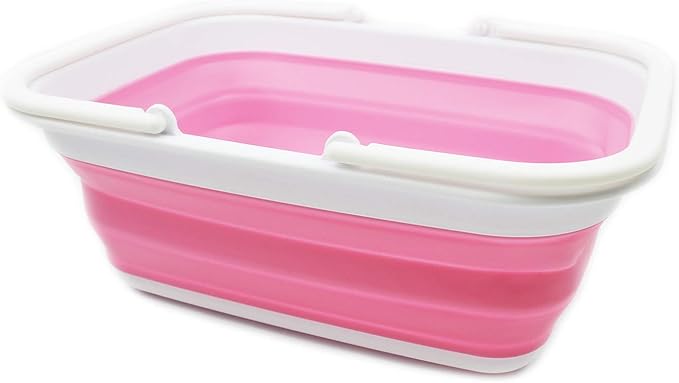 SAMMART 9.2L (2.37Gallon) Collapsible Tub with Handle - Portable Outdoor Picnic Basket/Crater - Foldable Shopping Bag - Space Saving Storage Container (1, White/Pink)