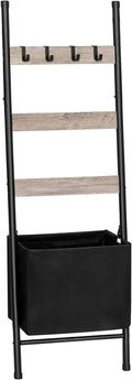 HOOBRO Blanket Ladder with Basket, 17.3”L x 63.4”H, Towel Rack with Hooks, Blanket Holder Rack, Decorative Ladder Shelf, Dryi