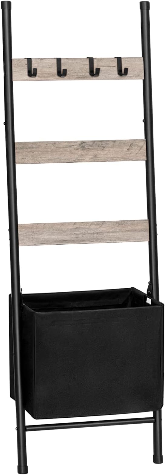 HOOBRO Blanket Ladder with Basket, 17.3”L x 63.4”H, Towel Rack with Hooks, Blanket Holder Rack, Decorative Ladder Shelf, Dryi