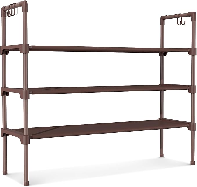 LANTEFUL 3 Tier Shoe Rack for Closet Shoe Organizer with 5 Hooks, Long Shoe Shelf Storage for Shoe and Boot Stackable Free St
