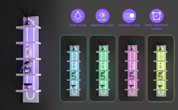 Exclusive U-Shaped 5-Tier Compact Narrow Wall Shelf Unit with RGB Lighting, Modern Vertical Shelf for Vanity, Ideal for Anime