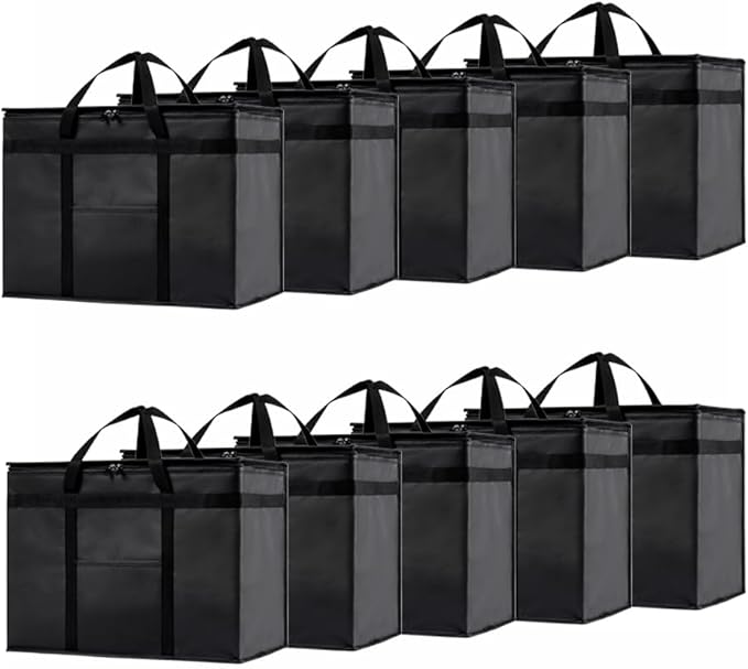 NZ home Insulated Bags for Food Delivery (XL Plus) Grocery Shopping Cooler Bag, Pizza Delivery, Hot & Cold Catering Tote, Reusable, Foldable & Heavy Duty (10 Pack, Black)