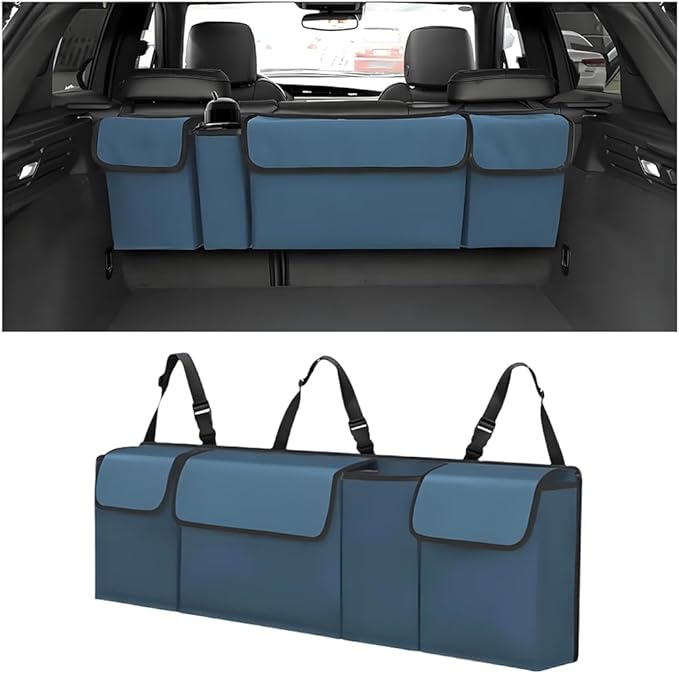 Car Trunk Organizer with Lid, Large Waterproof Vehicle Backseat Hanging Storage Bag with 4 Pockets & Adjustable Straps, Colla