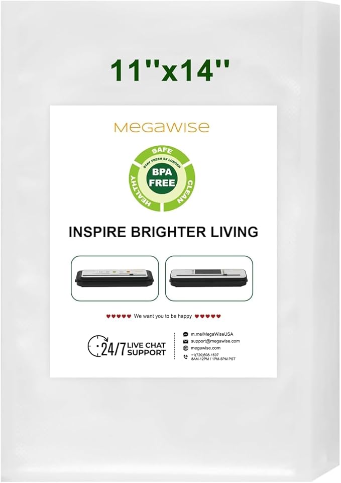 MEGAWISE 11"x14" Vacuum Sealer Bags, 25 Count Pre-Cut Food Storage Bags, BPA-Free, Heavy-Duty Textured Design for Strong Seal