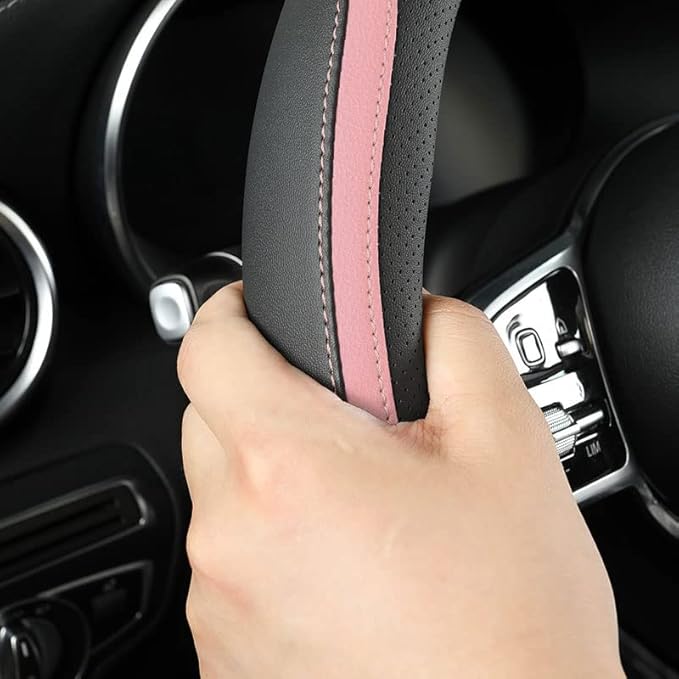 Car Steering Wheel Cover, Leather Steering Wheel Cover Pink Universal 14.5-15 Inch Microfiber Leather Anti-Slip Breathable Au