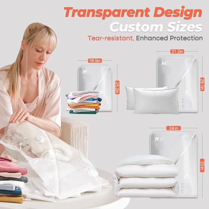 Vacbird Vacuum Seal Bags for Clothing with Rechargeable Cordless Pump, 12 Pack Compression Packing Bags, Space Saver Storage 