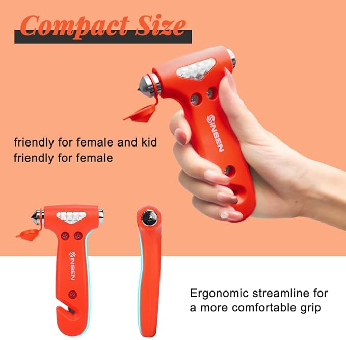SENSEN Car Window Breaker Seatbelt Cutter, Emergency Escape Tool to Break Glass, Safety Hammer, 3-in-1, Orange