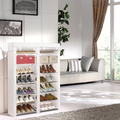 ERONE Shoe Rack Storage Organize, 28 Pairs Portable Double Row with Nonwoven Fabric Cover Shoe Shelf Cabinet for Closet (Whit