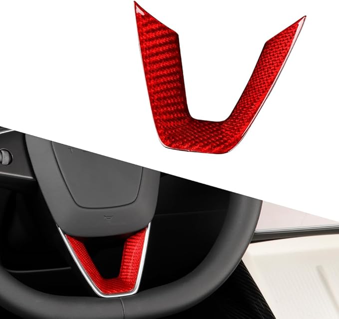 JSWAN Carbon Fiber Steering Wheel Panel Cover Fit for Tesla Refreshed Model 3 Highland Performance (2024+) Model Y Juniper (2025+) Steering Wheel Frame Trim Cover (Red Twill Weave)