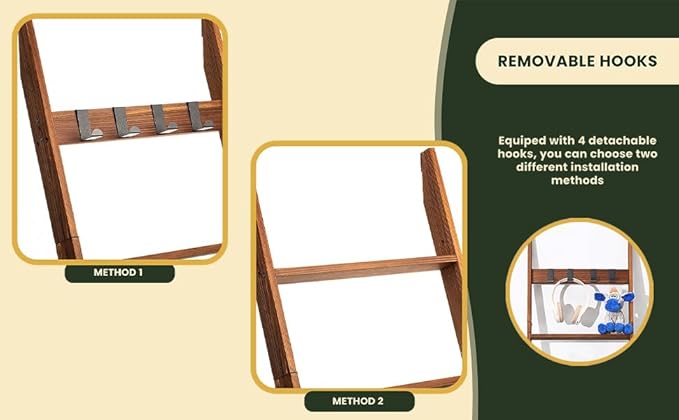 Decorative Wooden Blanket Ladder with Removable Hooks for The Living Room & Bedroom, Pine Wood, Easy Assembly 6-Tier Wall Lea