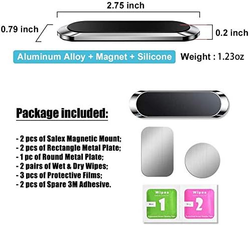 SALEX Flat Magnetic Phone Mounts 2 Pack. Black & Silver Cell Phone Holder for Car Dashboard, Truck. Universal Stick on iPad Wall Magnet Mount Kit for Tablets, Smartphones. Phone Car Mount for iPhone