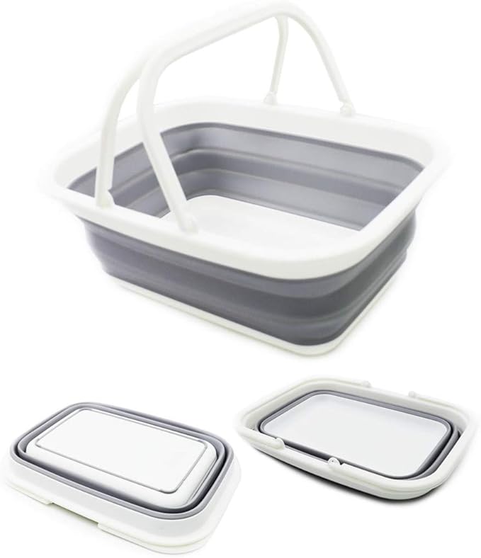 SAMMART SAMMART 9.2L (2.37Gallon) Collapsible Tub with Handle - Portable Outdoor Picnic Basket/Crater - Foldable Shopping Bag - Space Saving Storage Container (1, White/Grey)