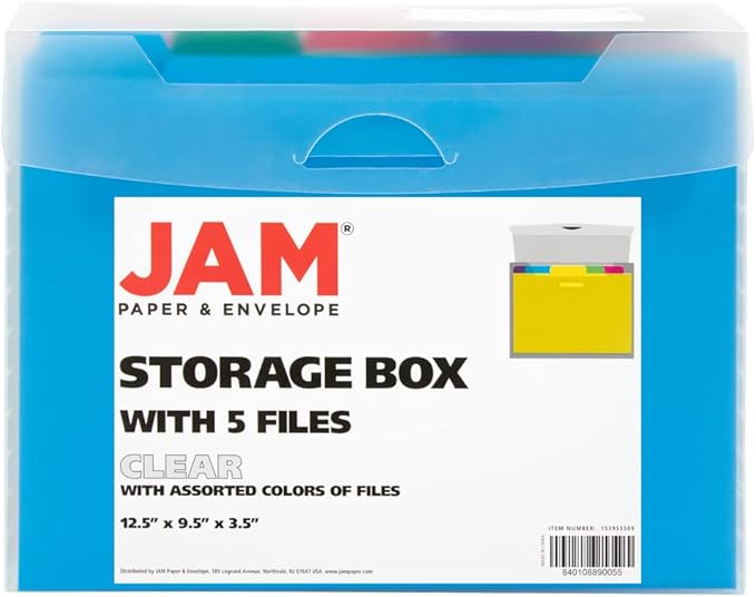 JAM PAPER Storage Box with Colored Files - 12.5 x 9.5 3.5 - Box Sold Individually & 5 Files