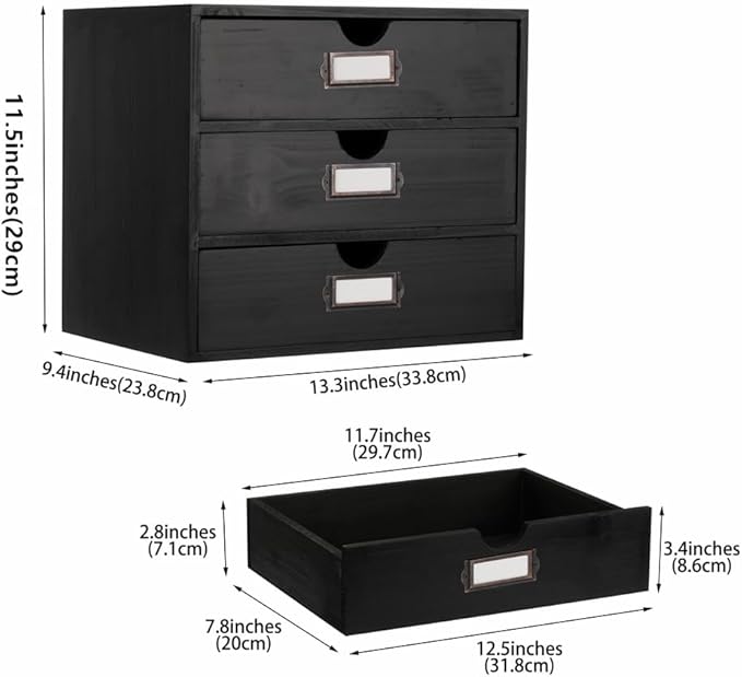 Wooden Storage Box Rustic Desktop Organizer with 3 Drawers Office Desk Accessories Shelf Large Craft Storage Containers Apoth