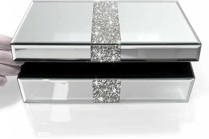 QMDECOR Luxury Middle Silver Bling Crushed Diamond Glass Mirrored Jewelry Box Women Jewelry Organizer Storage Box For Gift
