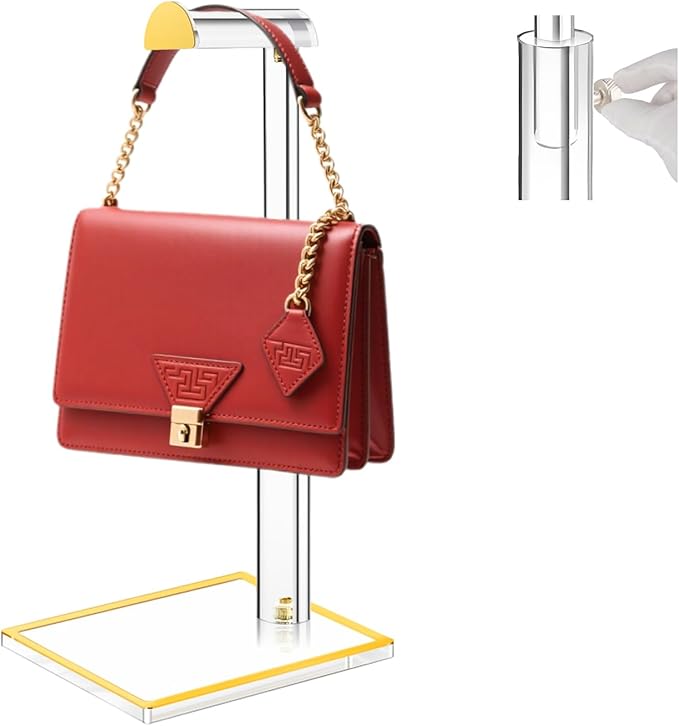 Acrylic Handbag Display Stand Gold Trim Purse Holder, 14"-24" Adjustable Height Thicken Anti-slip Base Clear Purse Rack Hangi