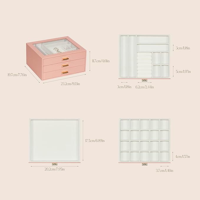Jewelry Box Organizer with 3 Drawers,Glass Lid Jewelry Boxes for Women,Jewelry Storage for Rings,Necklaces,Earrings,Bracelets