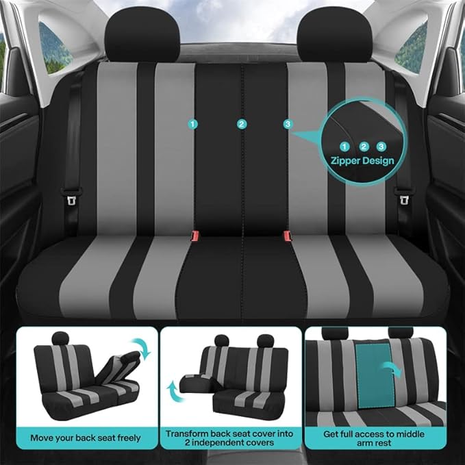 FH Group Car Seat Cover Full Set Striking Striped Gray Car Seat Covers with Front Seat Covers and Rear Split Bench Car Seat C