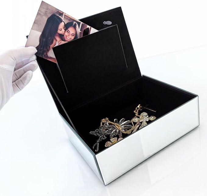 Qmdecor Crushed Diamond Mirrored Jewelry Box With Photograph 4x6inch On Top, Silver Glass Bling Jewelry Organizer Photo Pictu