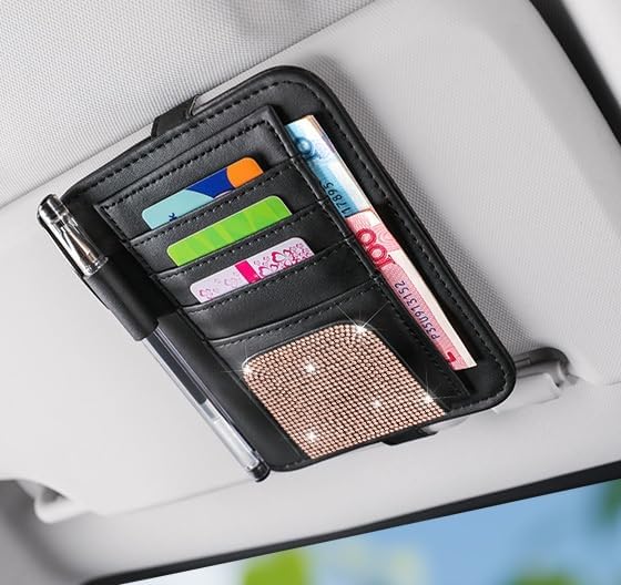 Bling Car Sun Visor Organizer, Rhinestone Multi-Pocket Truck Visor Organizer Pouch with Visor Pen Holder,Glasses Holder,Universal Sunvisor Organizers for Most Cars SUVs -Gold