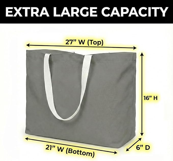Extra Large Canvas Tote Bag - Big Reusable Grocery Shopping Heavy Duty Foldable