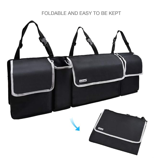Backseat Trunk Organizer for SUV & Car - Hanging Organizer Foldable Cargo Storage Bag with 4 Pockets Adjustable Strap Durable