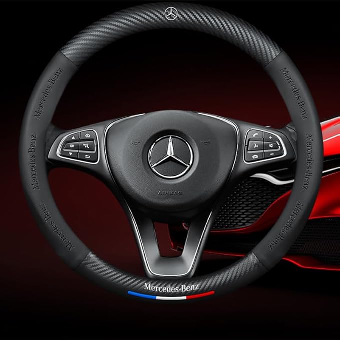 Customized Steering Wheel Cover Compatible with Mercedes-Benz, Nappa Leather & Carbon Fiber Design Car Steering Wheel Cover, with Coasters and 3-in-1 USB Fast Charging Cable (Black)