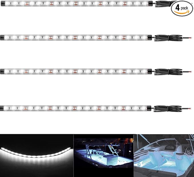 Boat Led Strip Lights, 4 Pcs 24'' Marine Interior Courtesy Deck Navigation Lights, Super Bright Waterproof Marine Led Lights Strip for 12V Pontoon Fishing Boat Yacht Kayak Sailboat (White)