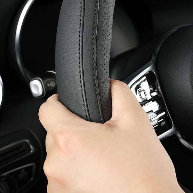 Car Steering Wheel Cover, Leather Steering Wheel Cover Black Universal 14.5-15 Inch Microfiber Leather Anti-Slip Breathable A