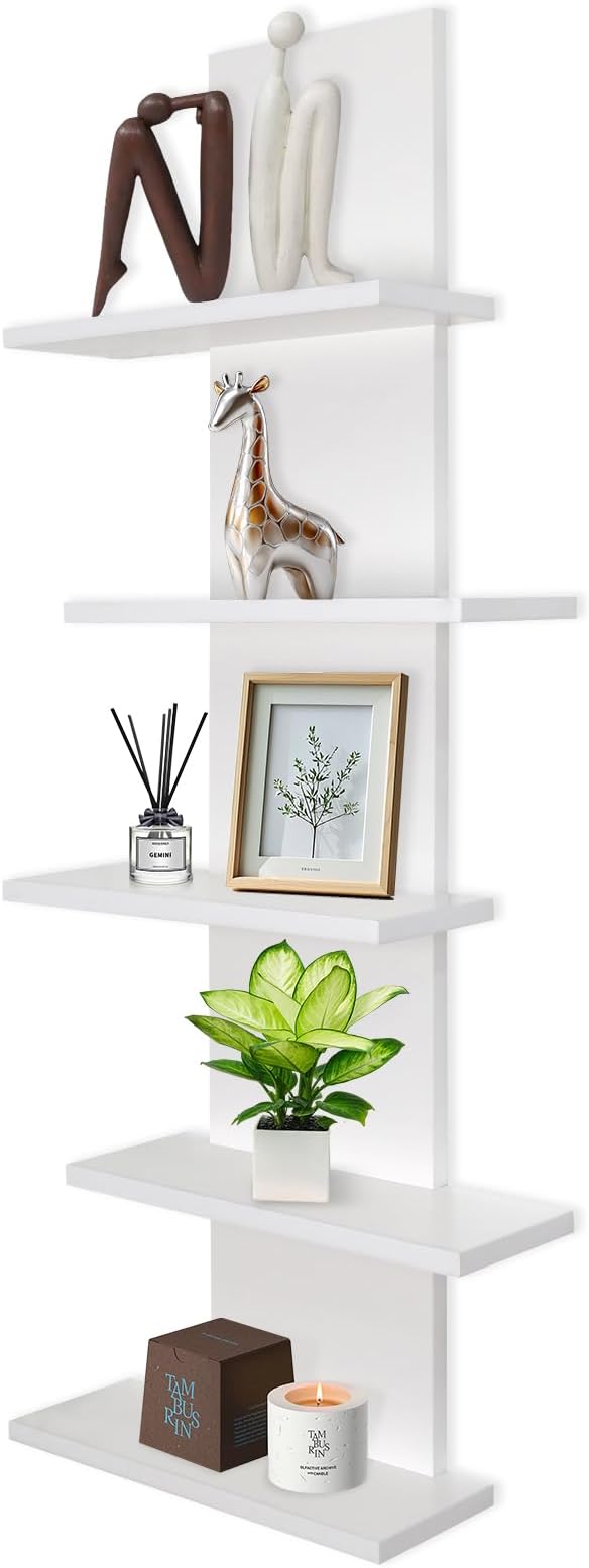 5 Tier Wall Shelf Unit-White Floating Shelves for Home Decor, Modern Unique Asymmetric Design for Bedroom & Living Room Stora