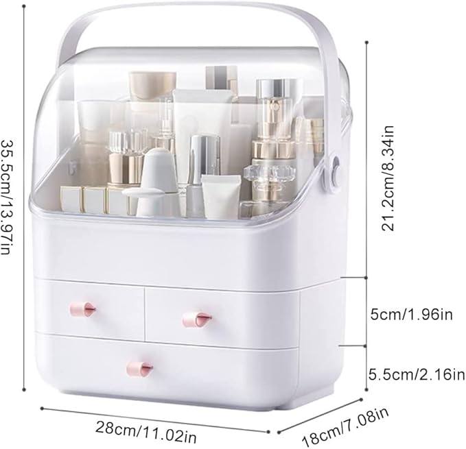 LINFIDITE Cosmetic Storage Box with Lid Makeup Organizer Box with Dust Free Cover Portable Handle,Large Makeup Display Case w
