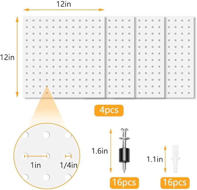 4Pcs Pegboard, Metal Peg Board, Pegboard Wall Organizer Panels Accessories, Mount Display Peg Board Kits for Walls Garage Cra