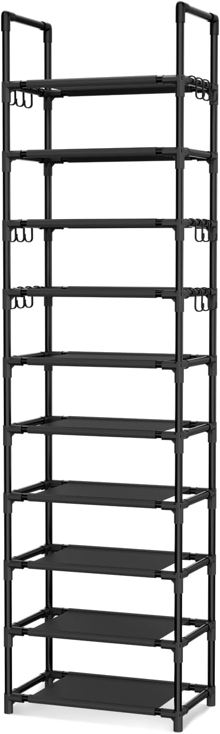 VTRIN 10 Tiers Tall Shoe Rack Holds 20-25 Pairs of Shoes Sturdy Vertical Shoe Organizer with 18pcs Hooks Stackable Narrow Sho
