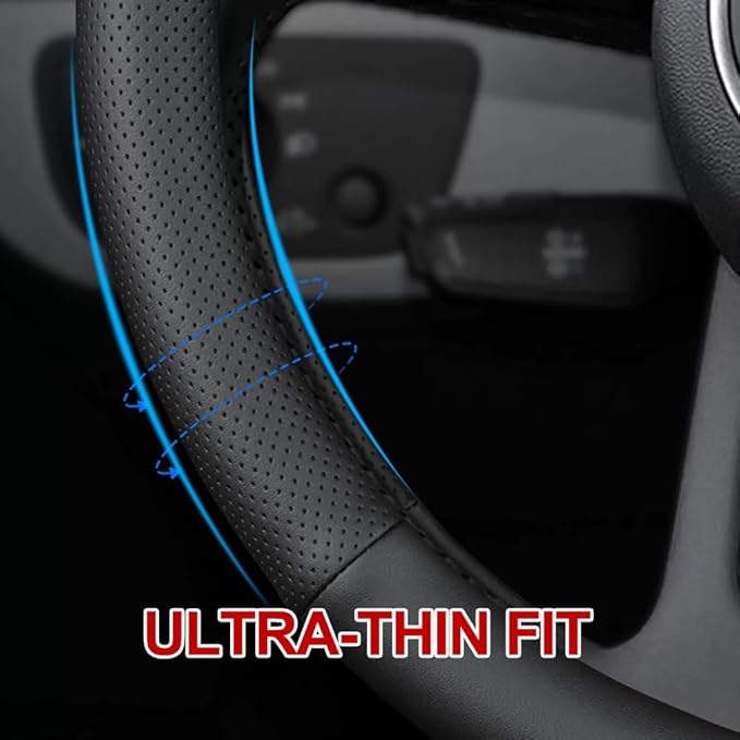 HAOTULE New Nappa Leather car Steering Wheel Cover, Anti-Slip, Safety, Soft, Breathable Full Surround Universal 15 inch Black